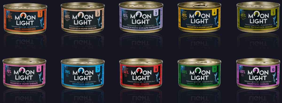 Kennenlernpaket Moonlight-Dinner: Fleischmahlzeit #1 bis #10 - je 2 Dosen 80g / Moonlight Croutons je 1x 70131/-32/-33/-34/-35 /-36  Filetstick je 1x Ente-Thun-Huhn-Kaninchen-Forelle-Lachs / Filetcreme je 1 Tafel 4x15g Huhn-Ente-Thun-Lachs / Jus 6 Sorten